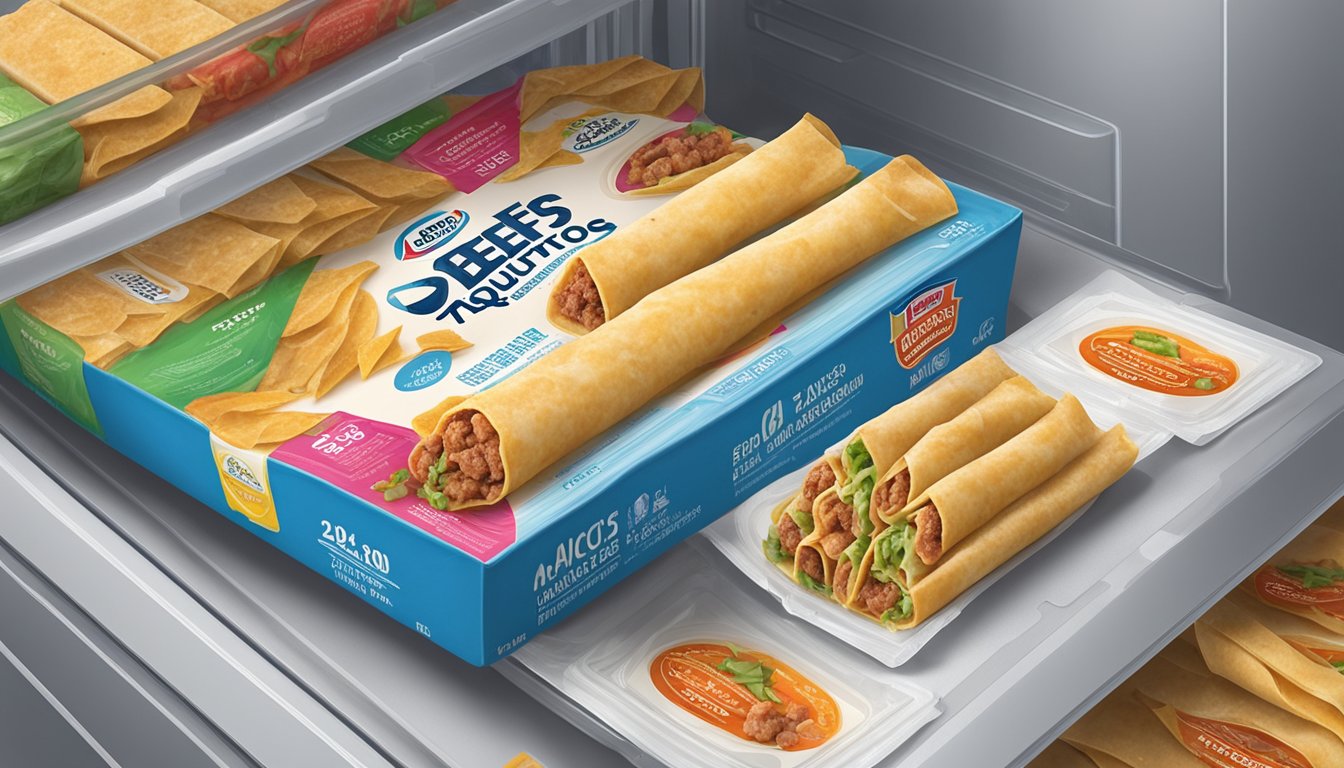 A package of beef taquitos sits in a freezer next to other frozen foods. The expiration date on the box is clearly visible