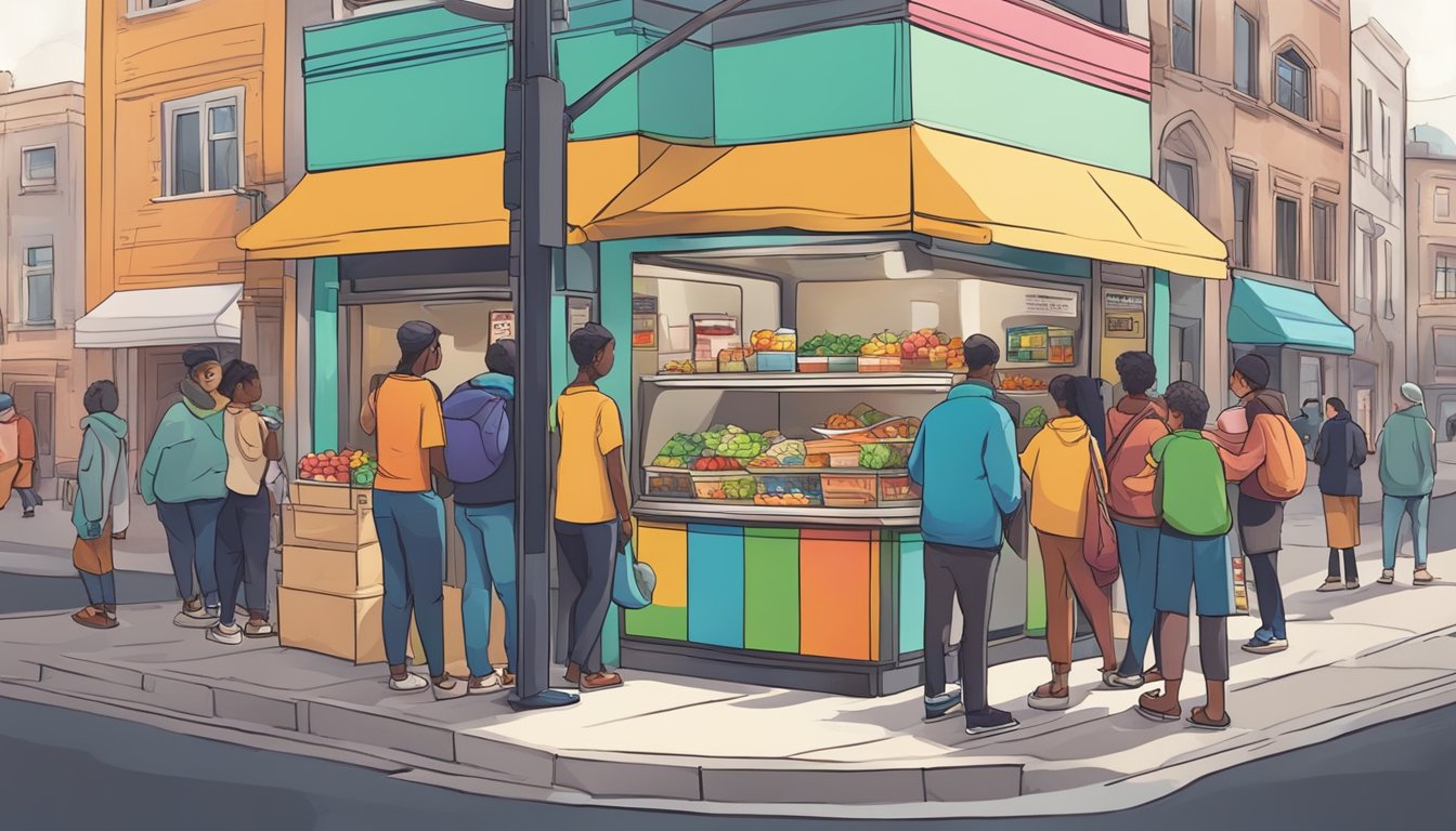 A bustling street corner with a colorful community fridge surrounded by people donating and taking food