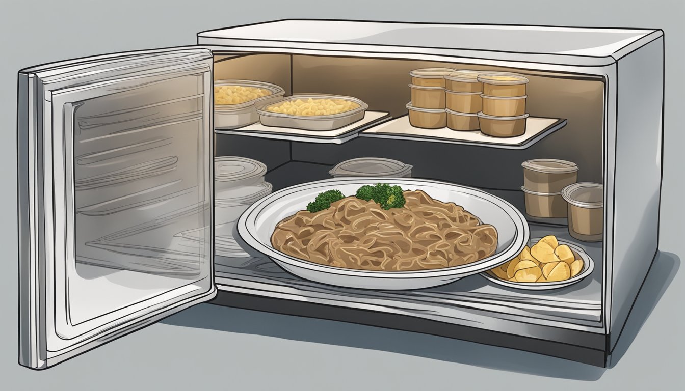 A beef stroganoff bowl sits in the refrigerator, covered with plastic wrap. The leftovers are neatly organized on a shelf, ready to be enjoyed within a few days