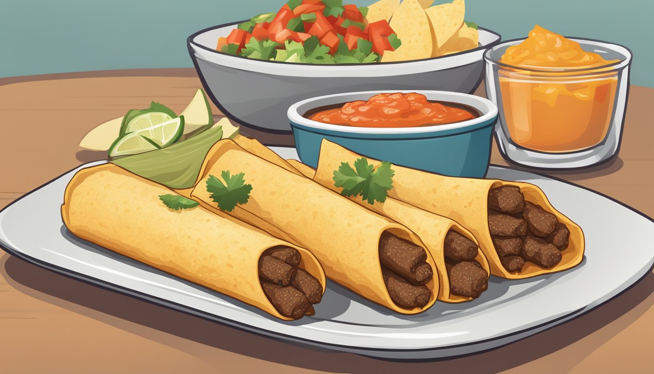 A plate of beef taquitos being reheated in the microwave, with suggested serving options like salsa and sour cream on the side