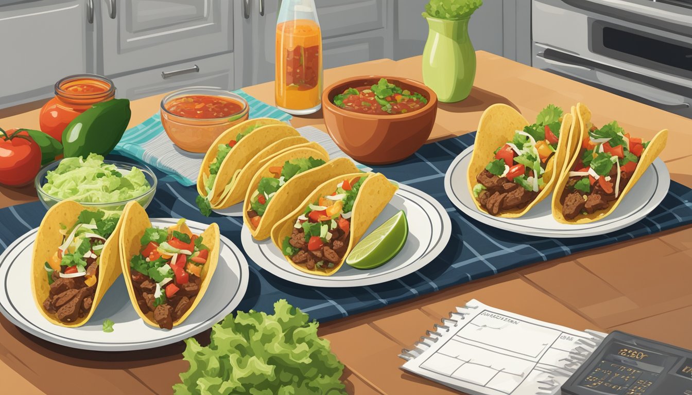 A plate of beef tacos sits on a kitchen counter, surrounded by ingredients like lettuce, cheese, and salsa. A calendar on the wall shows the date