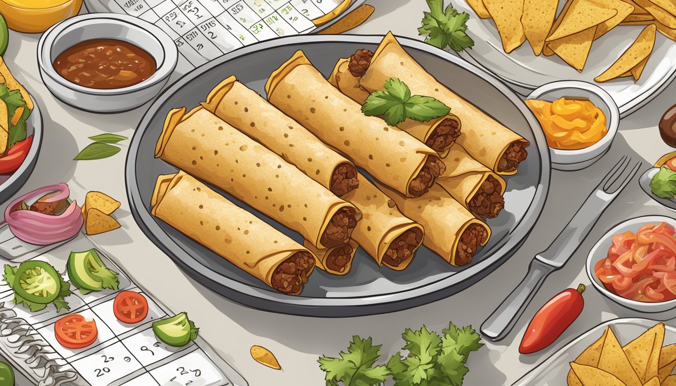 A plate of beef taquitos surrounded by various dietary preference symbols, with a calendar showing expiration date