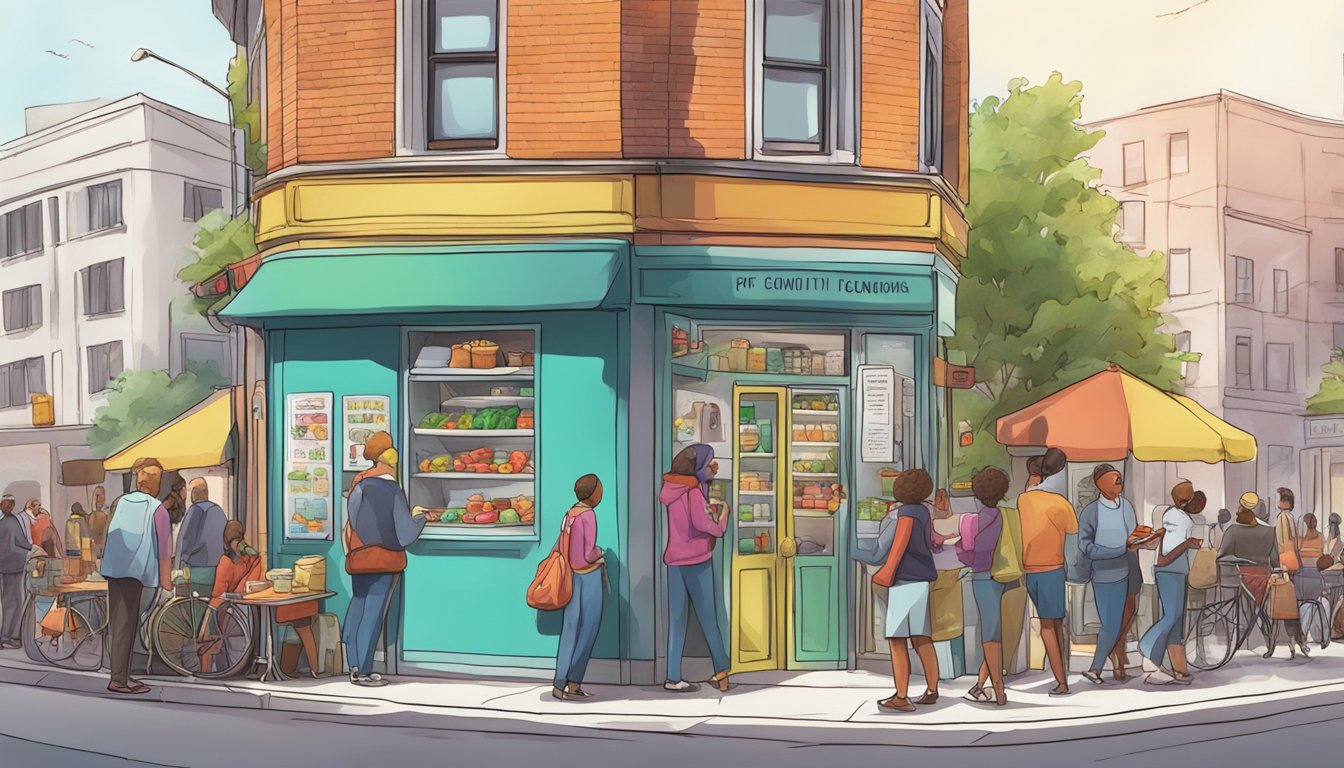 A bustling street corner with a colorful community fridge surrounded by people exchanging food and leaving notes