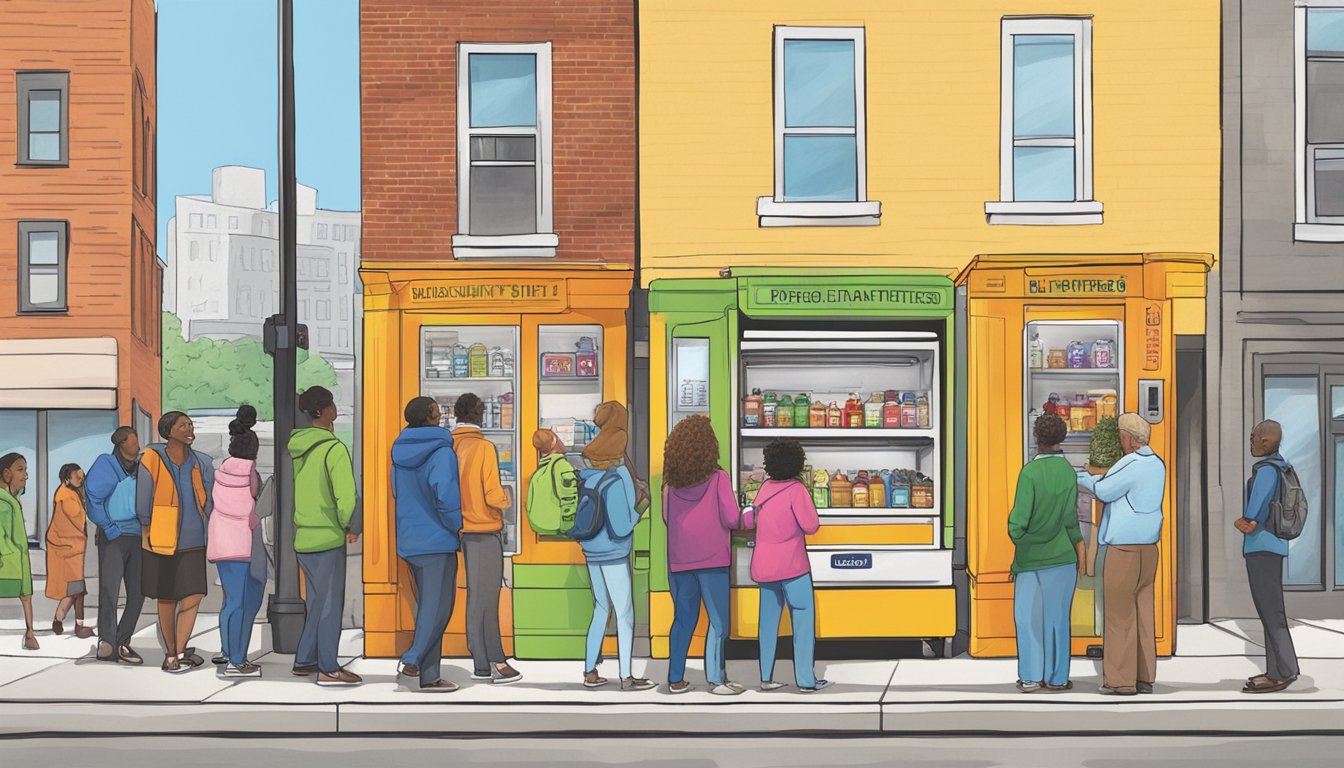 A brightly colored community fridge stands on a bustling Kansas City street, surrounded by diverse buildings and people