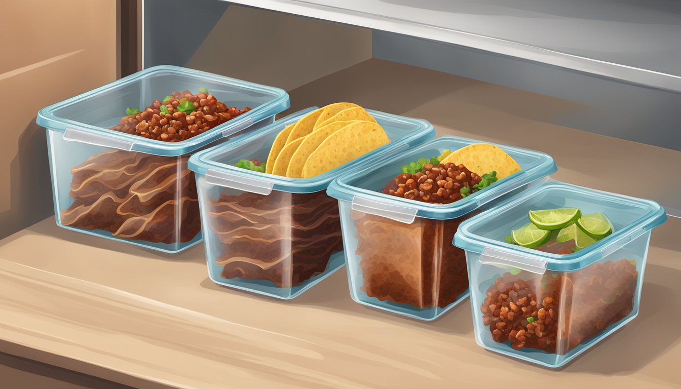 Beef tacos and taco meat stored in airtight containers in the refrigerator