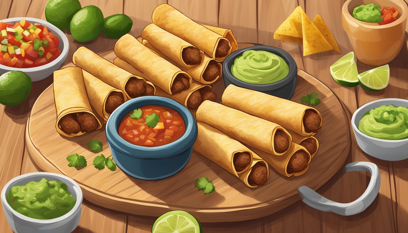 A plate of beef taquitos sits on a wooden cutting board, surrounded by colorful salsa and guacamole. Steam rises from the crispy, golden taquitos, indicating their freshness