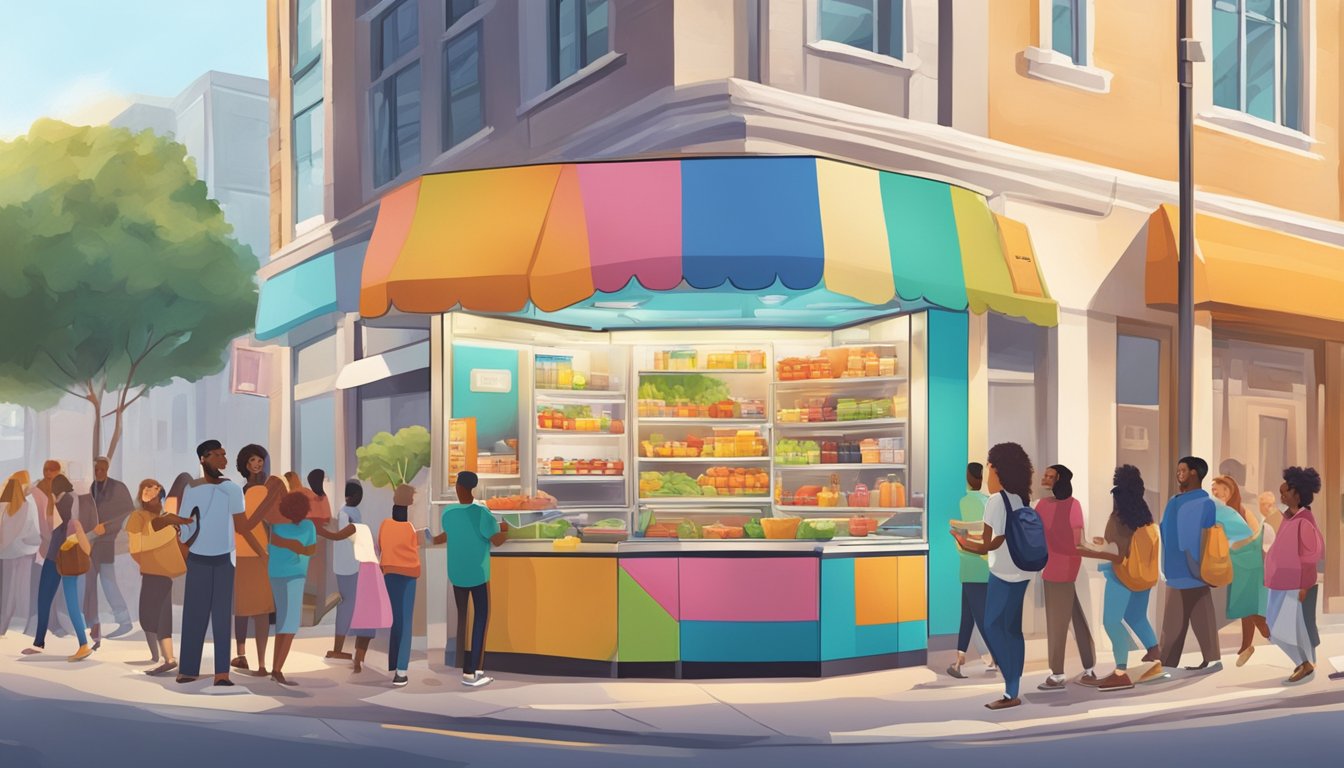 A bustling street corner with a colorful, well-stocked community fridge surrounded by a diverse group of people exchanging food and smiles