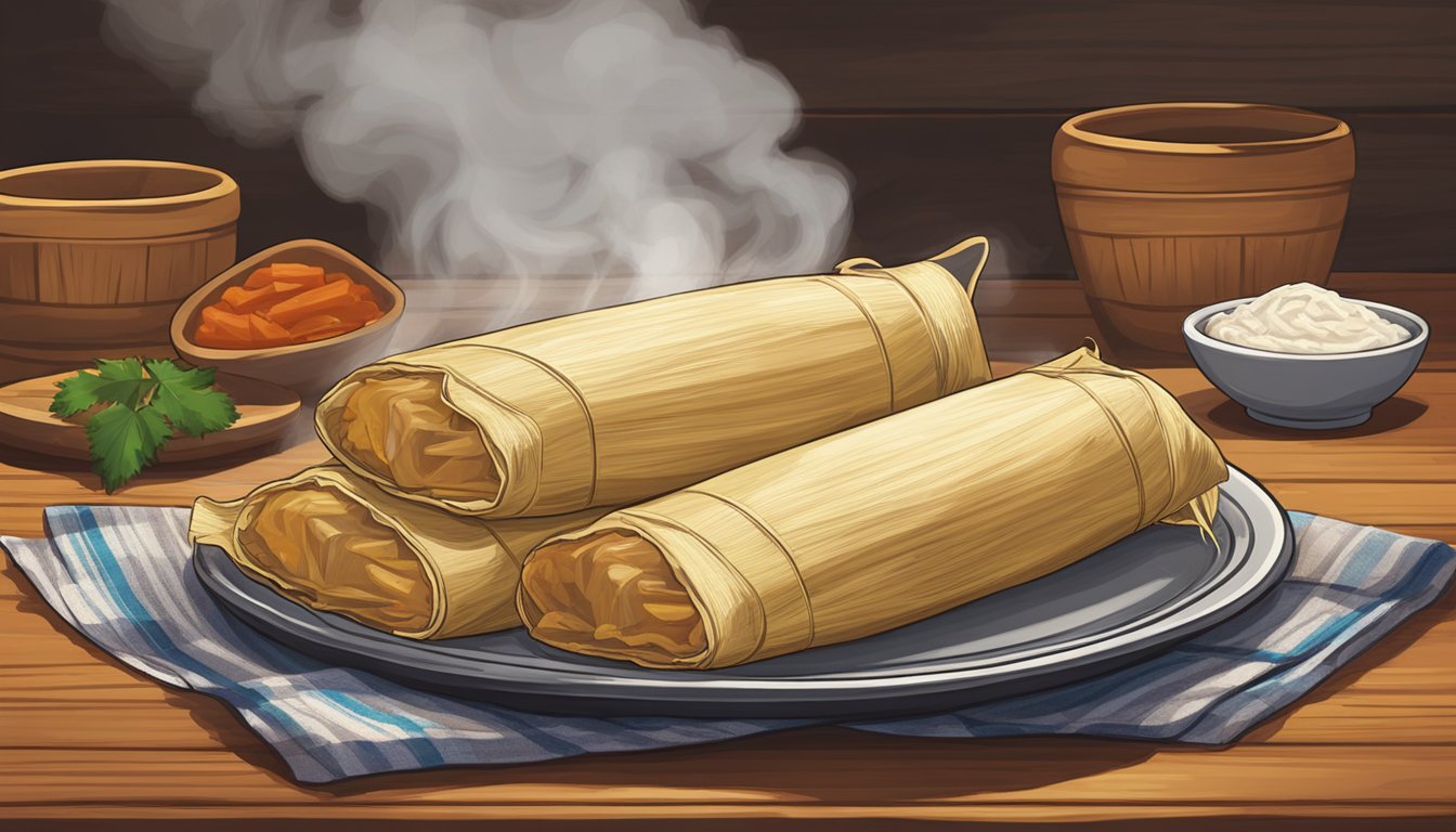 A plate of beef tamales sits on a wooden table, covered with a traditional cloth. Steam rises from the tamales, indicating their freshness