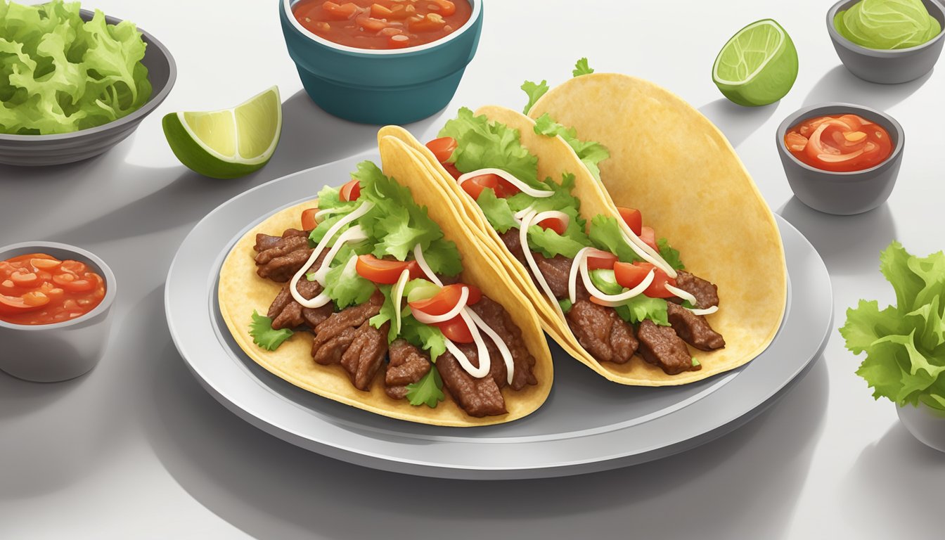 A plate of beef tacos sits on a clean, white surface. The tacos are freshly made and garnished with lettuce, cheese, and salsa