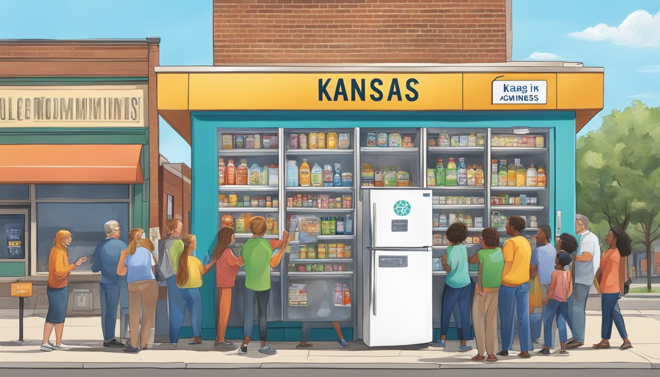 A colorful local community fridge surrounded by people and businesses promoting and raising awareness in Kansas City, KS