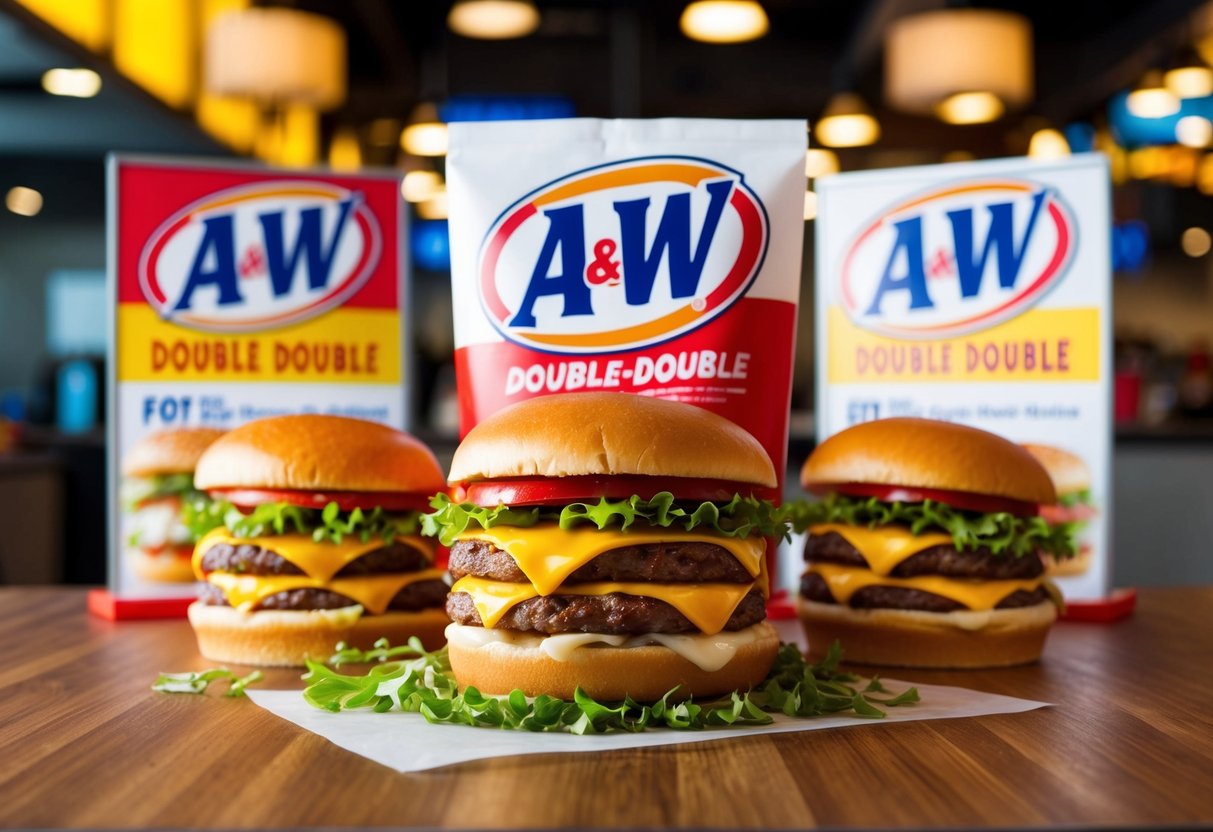 A mouthwatering A&W Double-Double burger surrounded by promotional signage in a vibrant Singapore setting