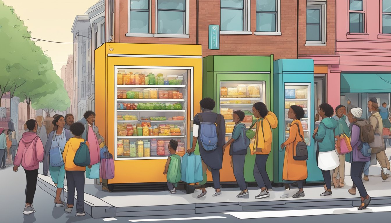 A bustling city street with a brightly colored, well-stocked community fridge surrounded by a diverse group of people