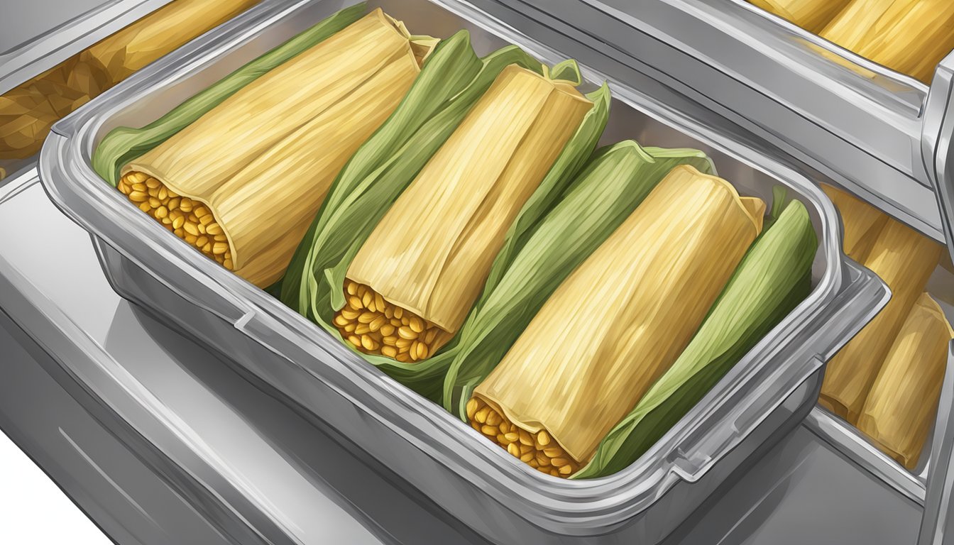 A stack of beef tamales wrapped in corn husks, placed in an airtight container in the refrigerator