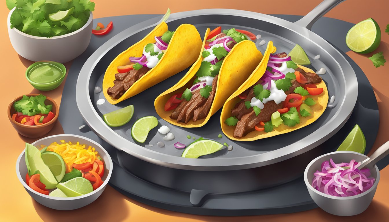 A sizzling skillet of beef tacos, steam rising, surrounded by colorful toppings and fresh garnishes