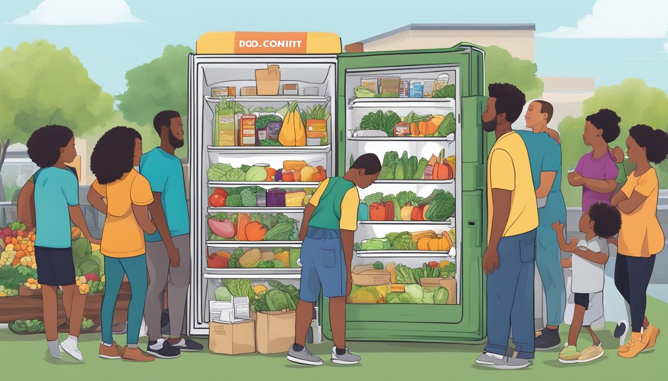 A colorful community fridge in Lafayette, LA filled with fresh produce and food items, surrounded by a diverse group of people making donations