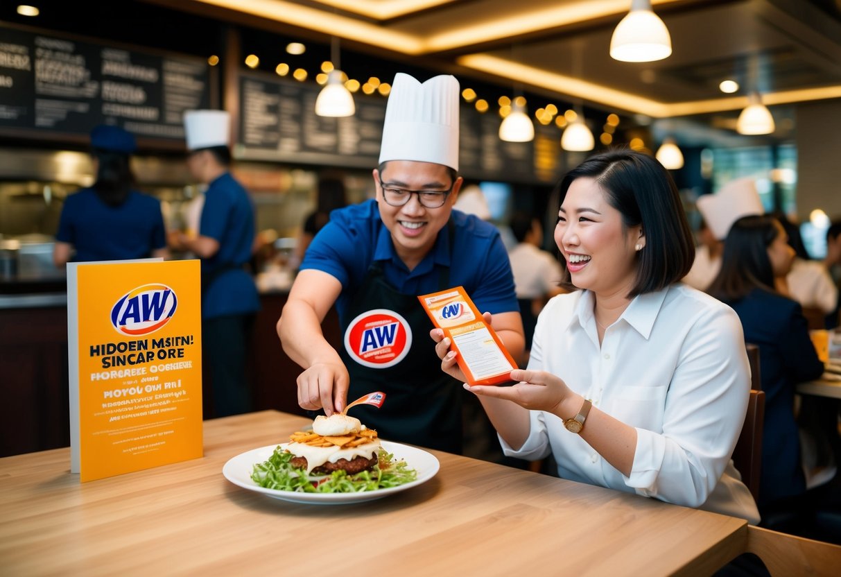 An A&W restaurant in Singapore with a hidden menu item being revealed to a delighted customer during a promotional event