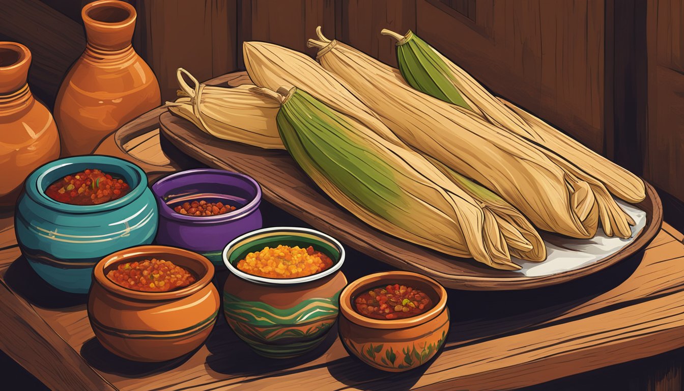 A steaming plate of beef tamales sits on a rustic wooden shelf, surrounded by colorful Mexican pottery and dried chili peppers