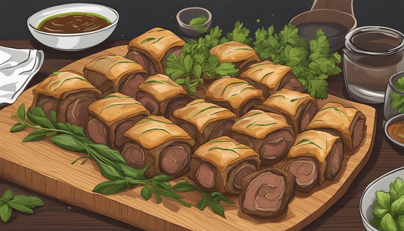 A platter of Beef Wellington bites on a wooden board, surrounded by fresh herbs and garnishes, with a side of dipping sauce