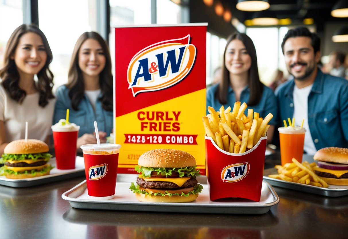 A&W Curly Fries Combo: Red and yellow promotional signage with fries, drink, and burger on a tray, surrounded by happy customers