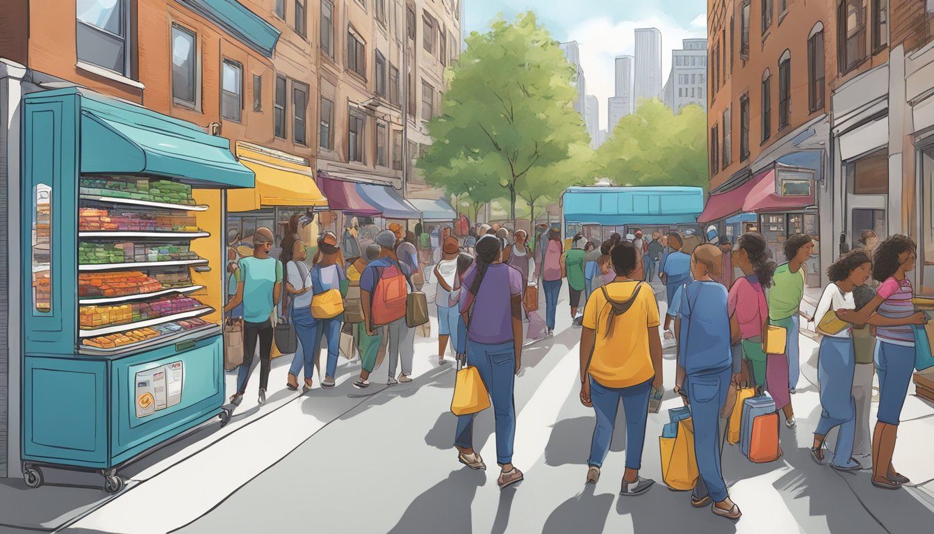 A bustling street in Chicago, lined with colorful local community fridges, easily accessible to all