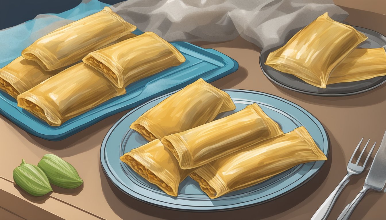 A plate of beef tamales sits on a kitchen counter, covered in plastic wrap. Mold begins to form on the surface as time passes