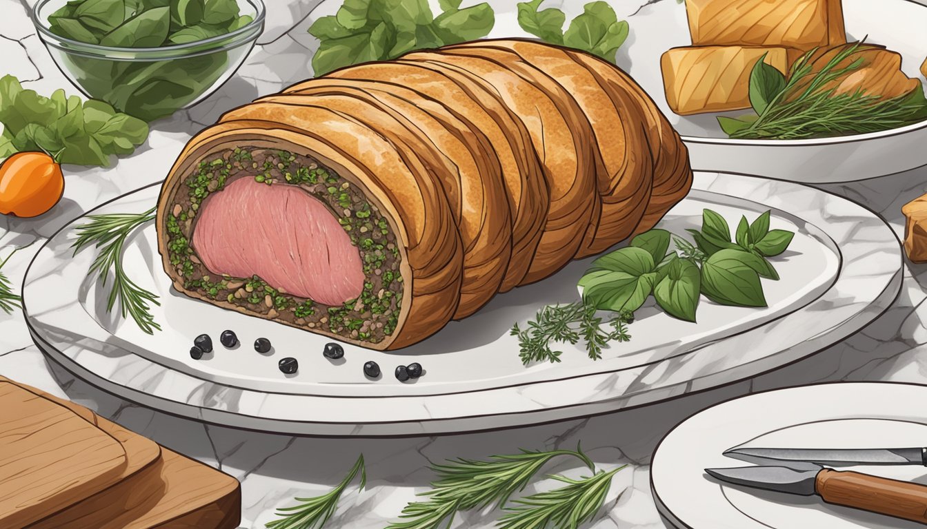 A platter of beef Wellington bites sits on a marble countertop, surrounded by fresh herbs and garnishes. A chef's knife and cutting board are nearby