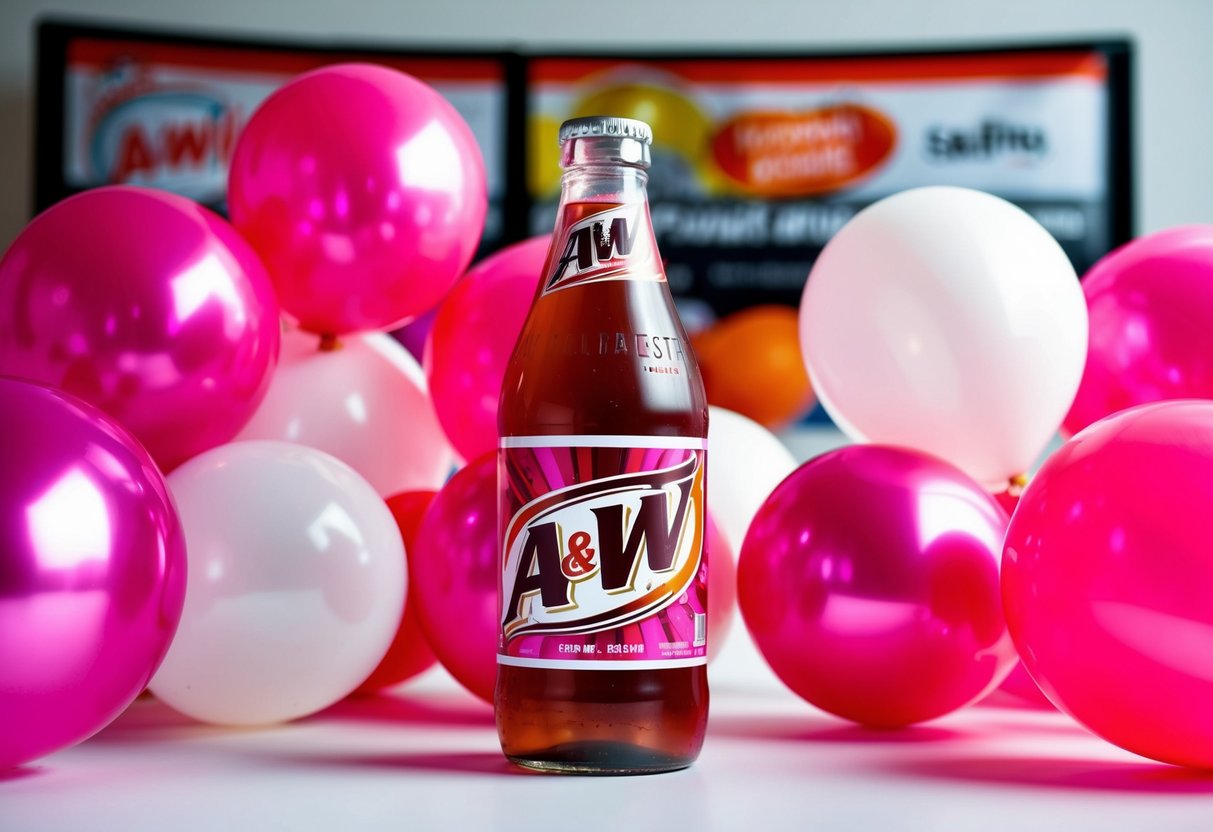 A&W Signature Cream Soda bottle surrounded by vibrant pink and white balloons, with a promotional banner in the background
