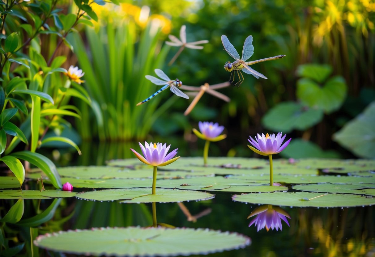 A tranquil pond with water lilies floating on the surface, surrounded by lush green foliage and colorful dragonflies hovering above