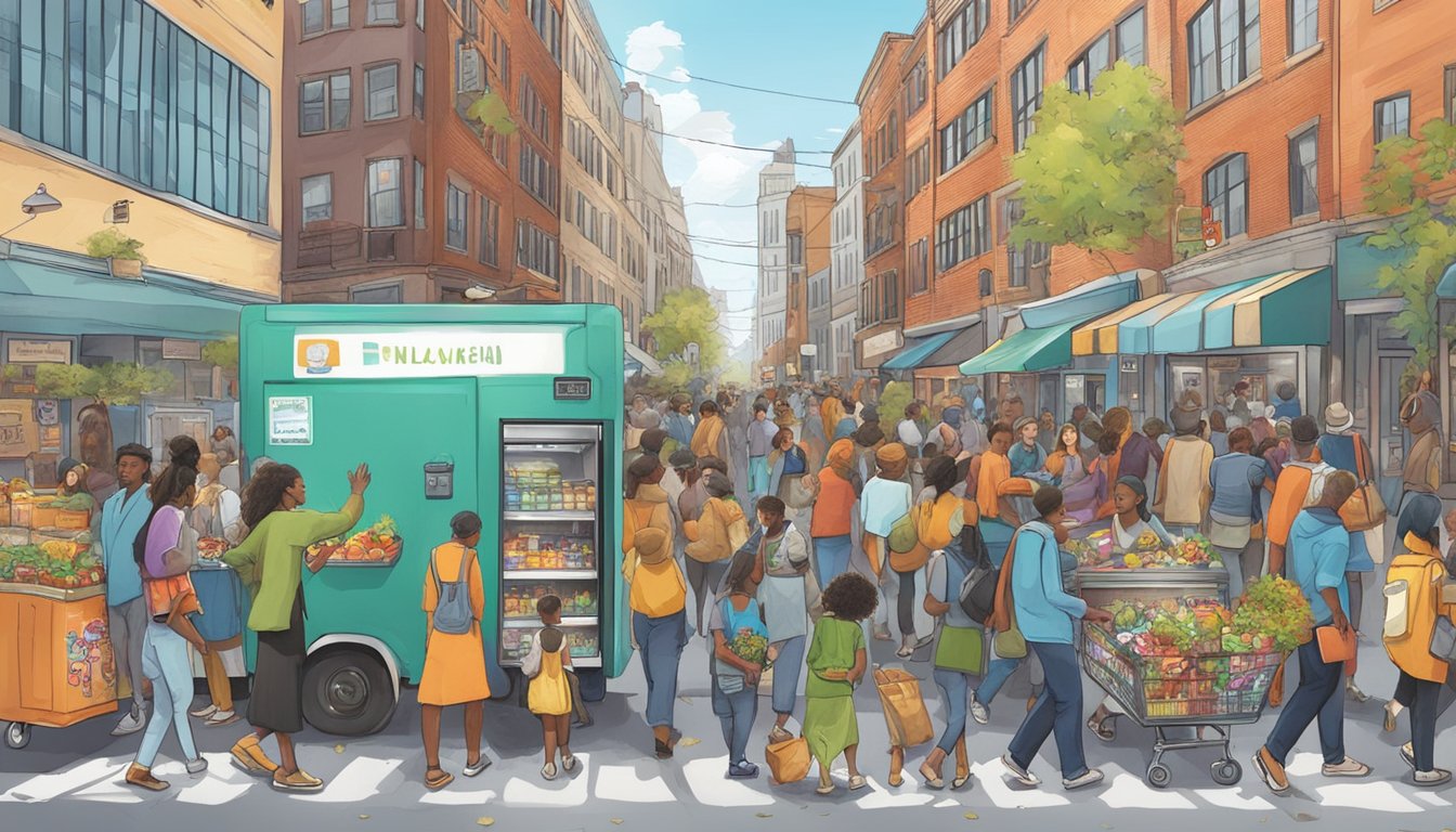 A bustling city street with a colorful community fridge adorned with artwork, surrounded by diverse individuals contributing and taking food items