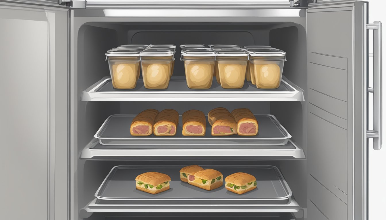 Airtight container with beef wellington bites, labeled with date, placed in refrigerator