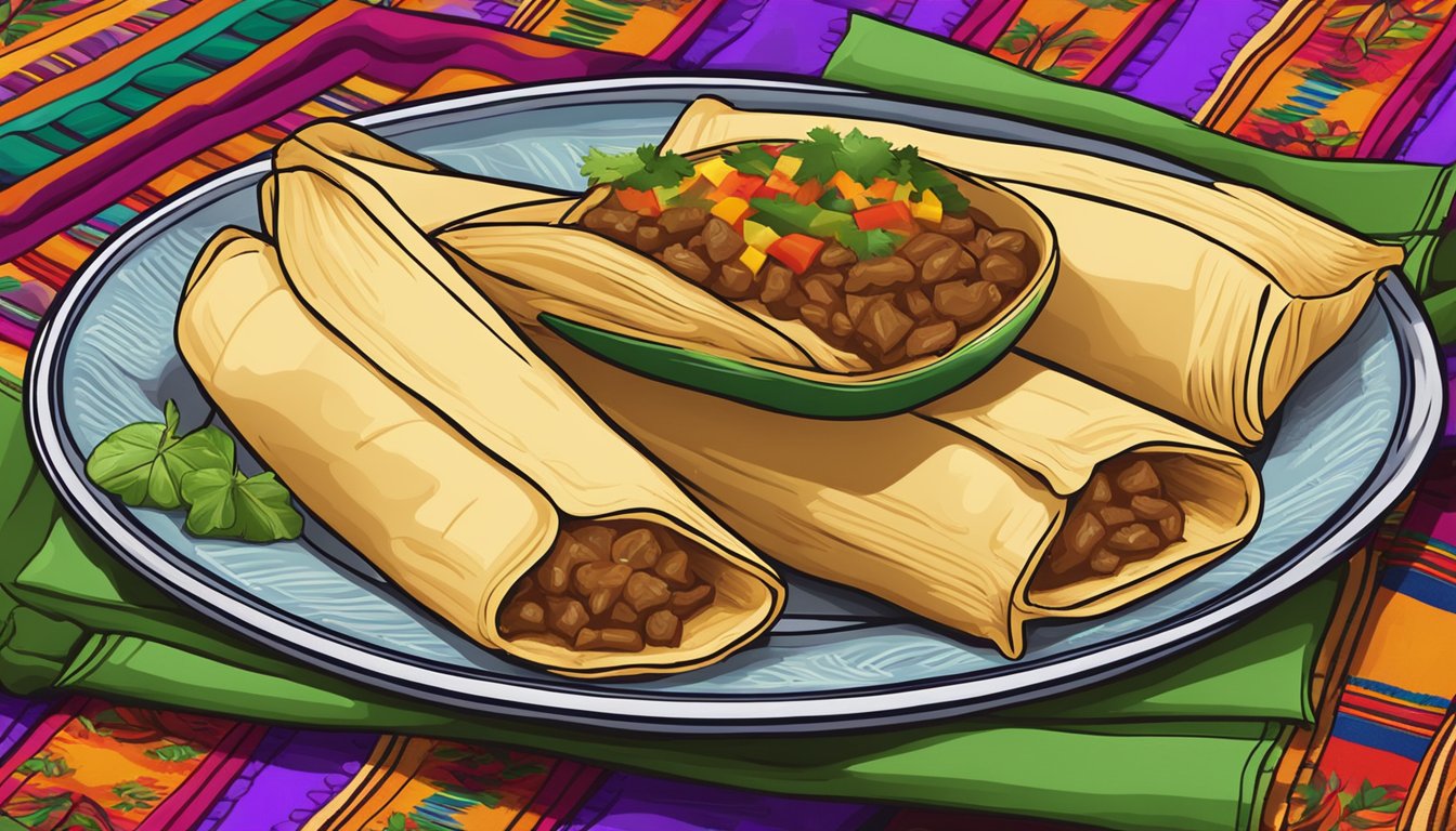 A plate of tamales with steaming beef filling, surrounded by colorful Mexican textiles