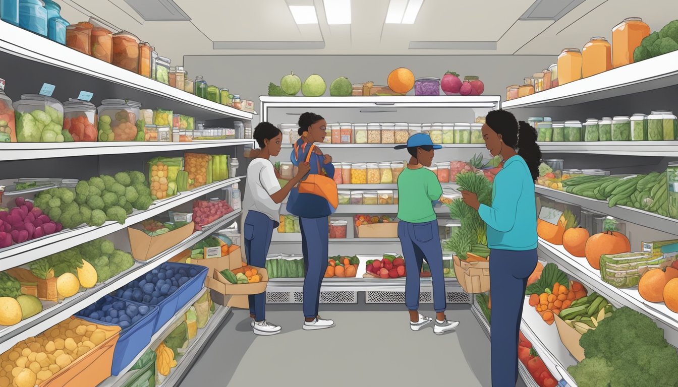 A local community fridge in Lafayette, LA filled with fresh produce and canned goods, surrounded by volunteers stocking and organizing donations