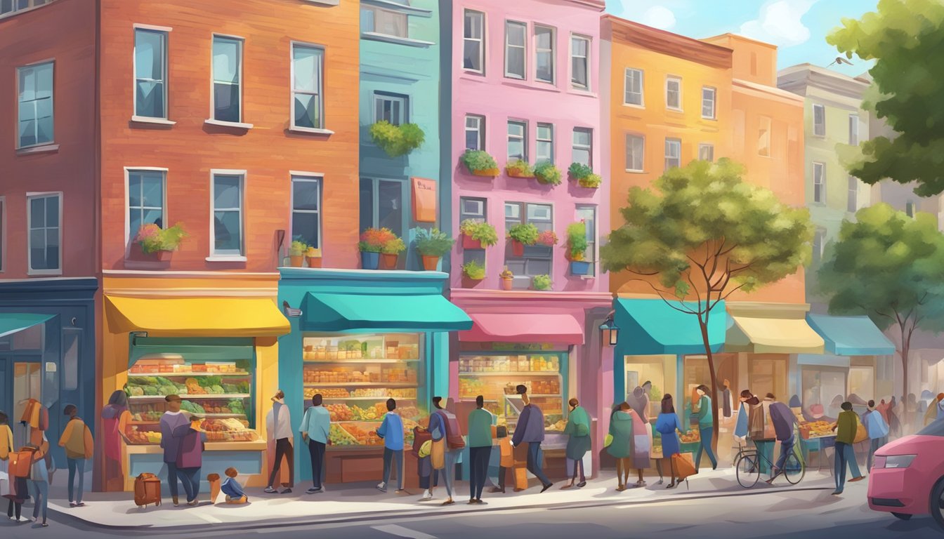 A bustling city street with a colorful community fridge surrounded by people exchanging food and goods