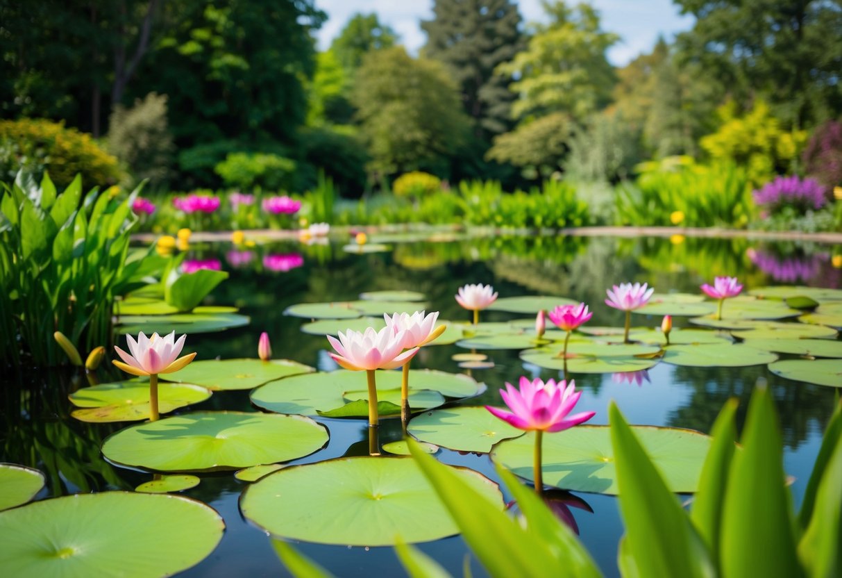 A tranquil pond with lily pads floating on the surface, surrounded by lush greenery and colorful waterlilies in various stages of blooming