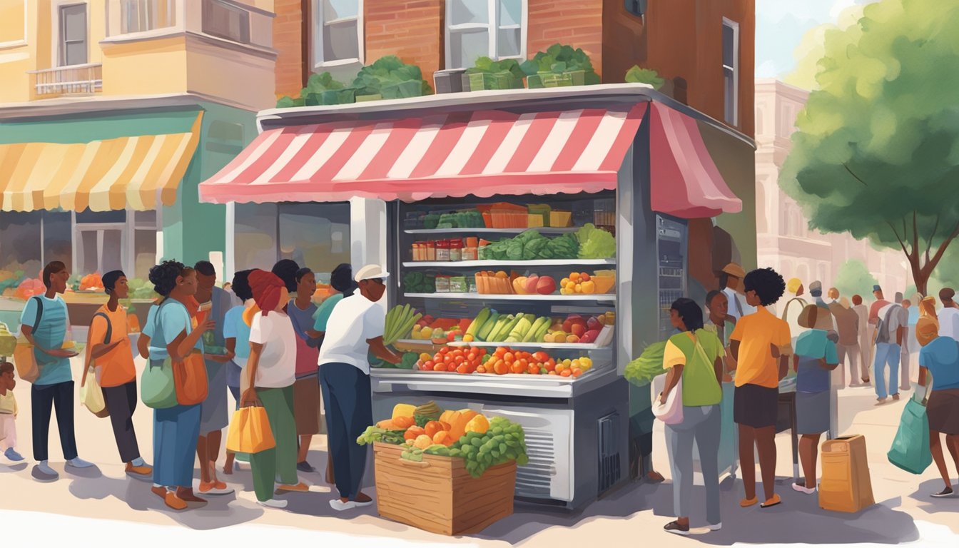 A bustling street corner with a brightly painted refrigerator filled with fresh produce and canned goods, surrounded by a diverse group of people exchanging items