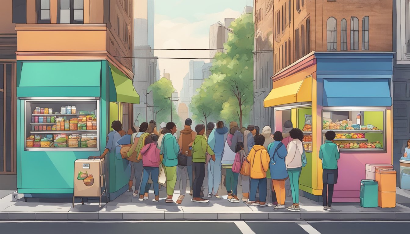 A bustling city street with a colorful local community fridge surrounded by people donating and taking food items