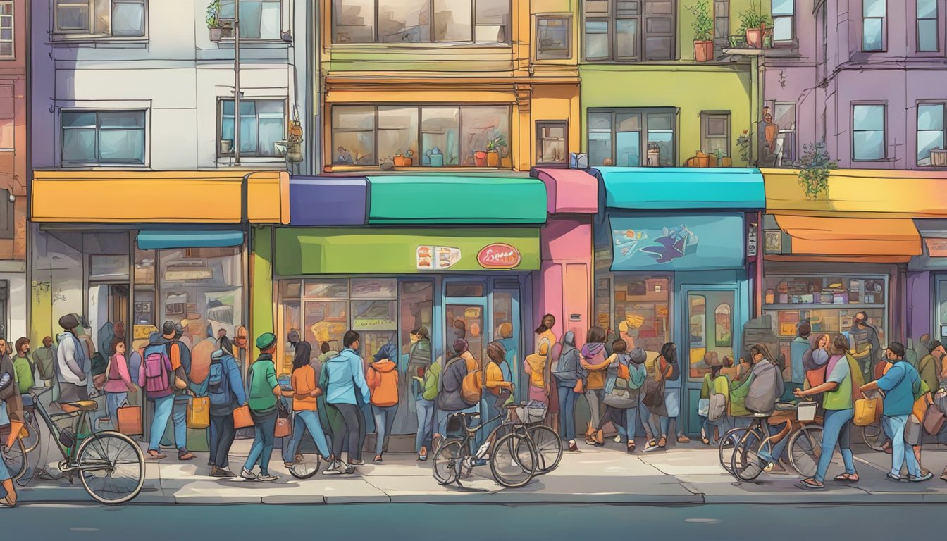 A bustling street corner with a colorful, graffiti-covered community fridge surrounded by people taking and leaving food