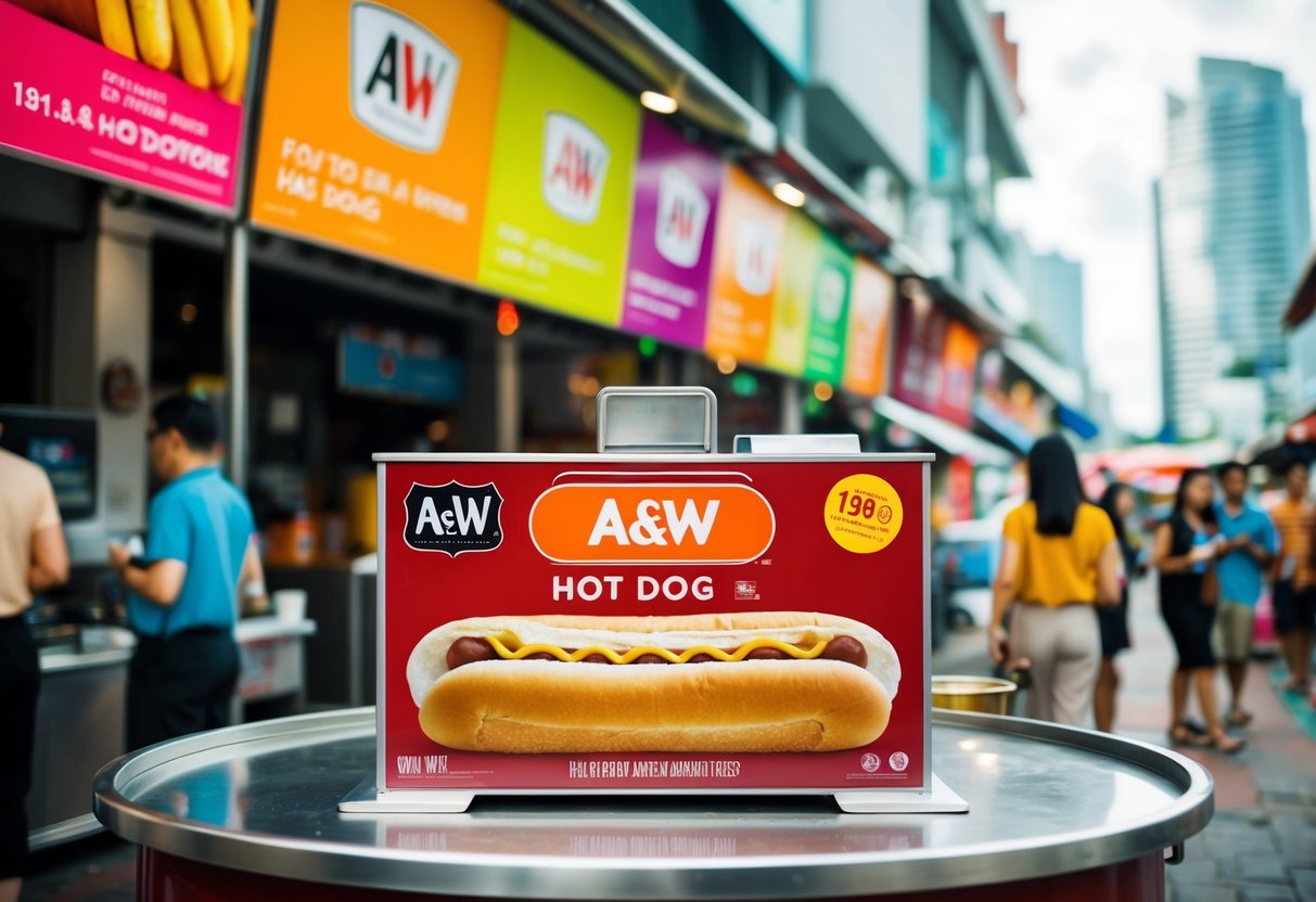An outdoor A&W hot dog stand with colorful promotional banners in a bustling Singapore street