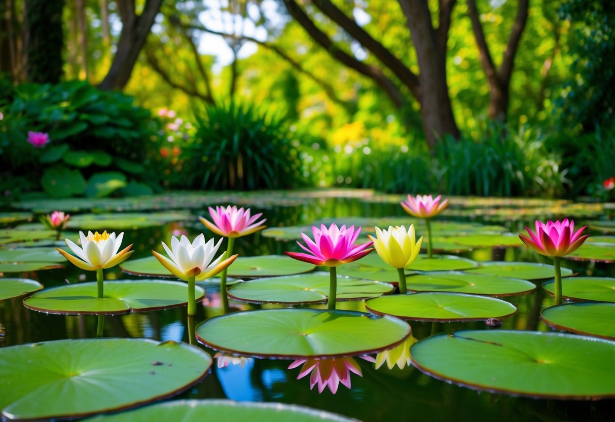 A serene pond with vibrant green lily pads floating on the water's surface, showcasing delicate waterlily blooms in various shades of pink, white, and yellow, surrounded by lush greenery and dappled sunlight filtering through the trees above