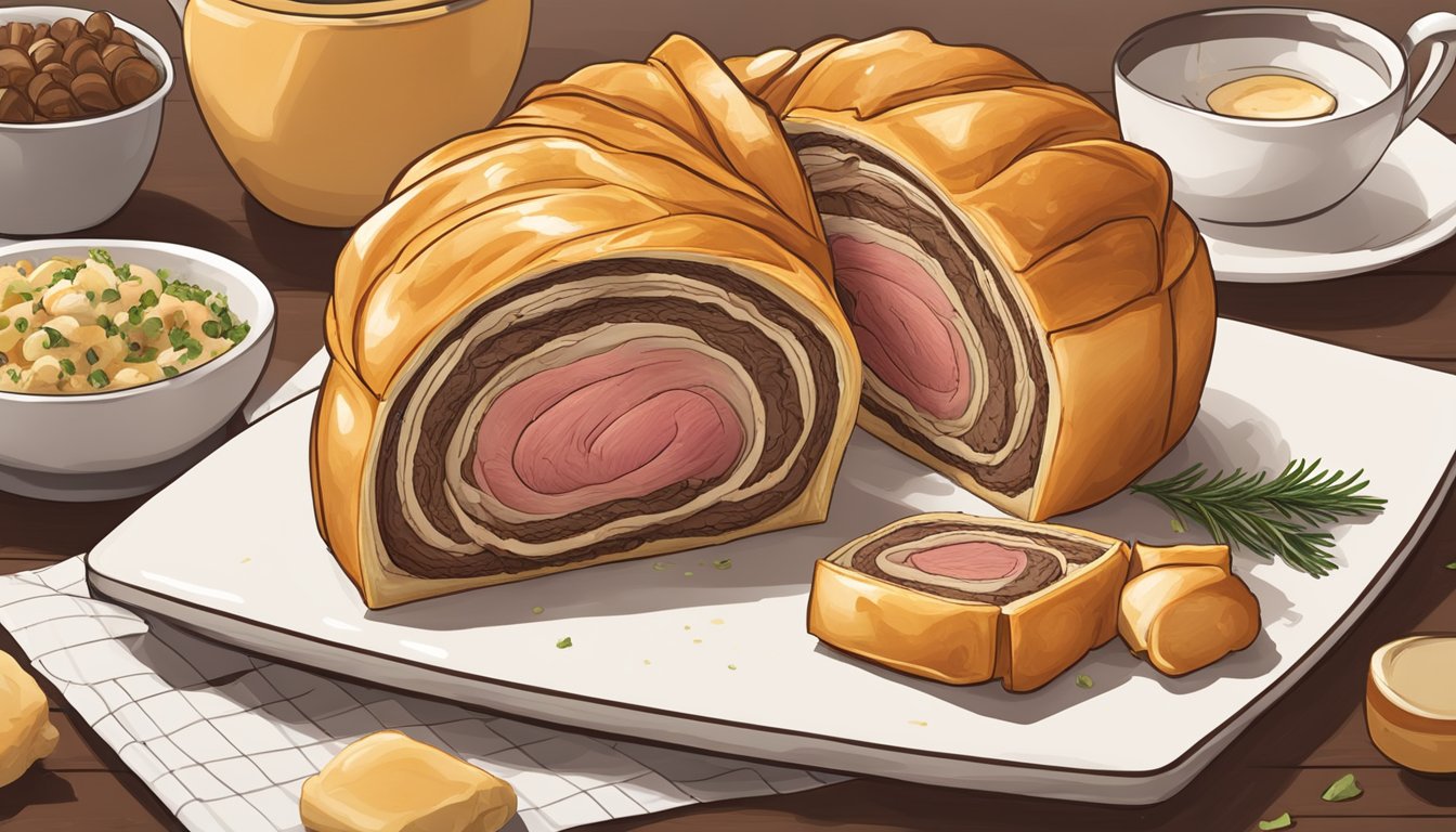 Slicing into a golden-brown Beef Wellington, revealing layers of tender beef, mushroom duxelles, and flaky pastry