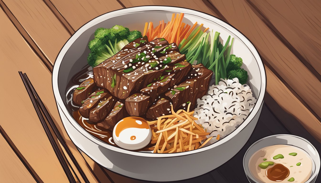 A steaming beef teriyaki bowl sits on a wooden table, surrounded by chopsticks and a drizzle of sauce