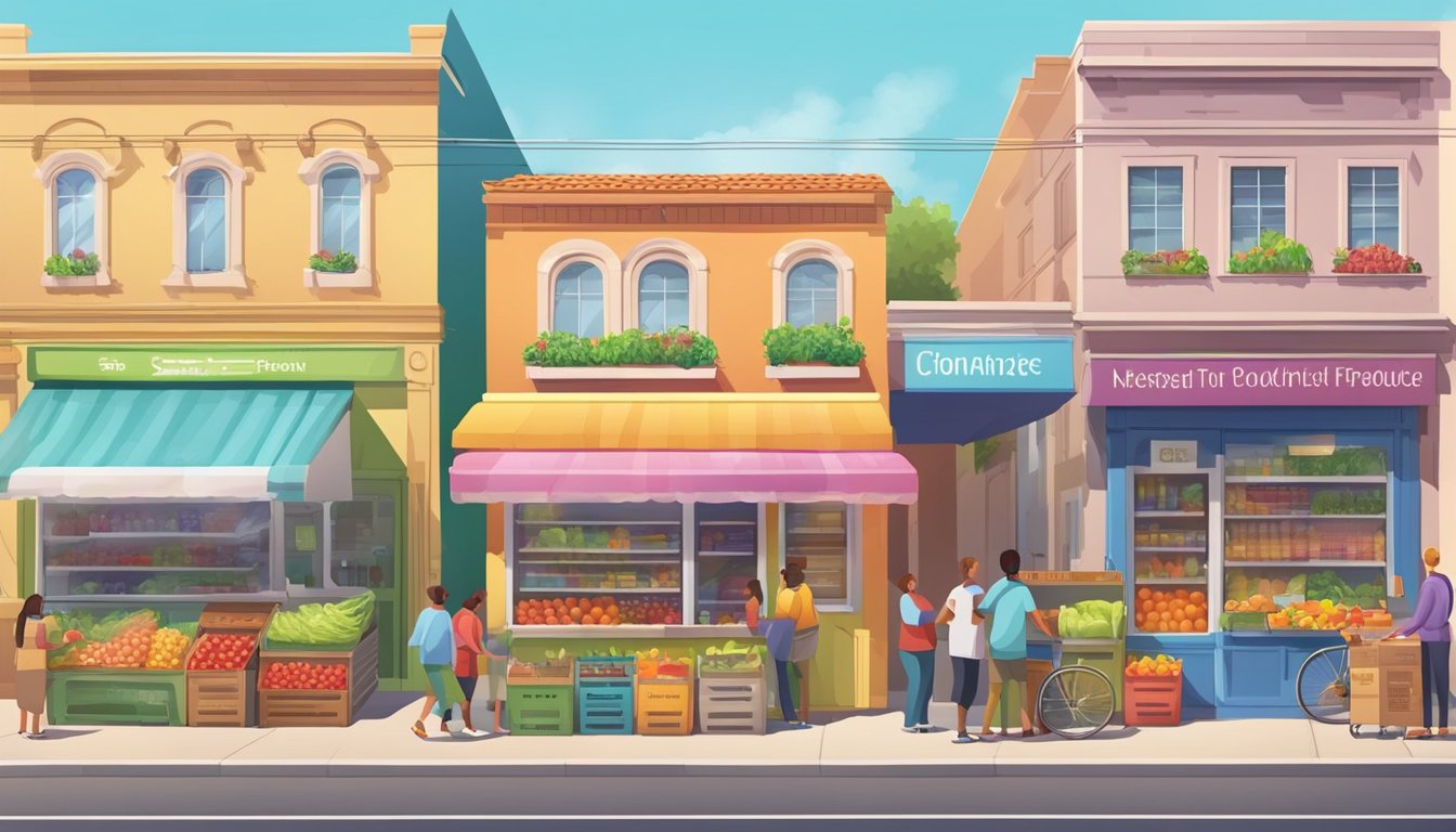 A brightly colored community fridge stands on a bustling street corner, filled with fresh produce and packaged goods. People come and go, adding and taking items from the fridge