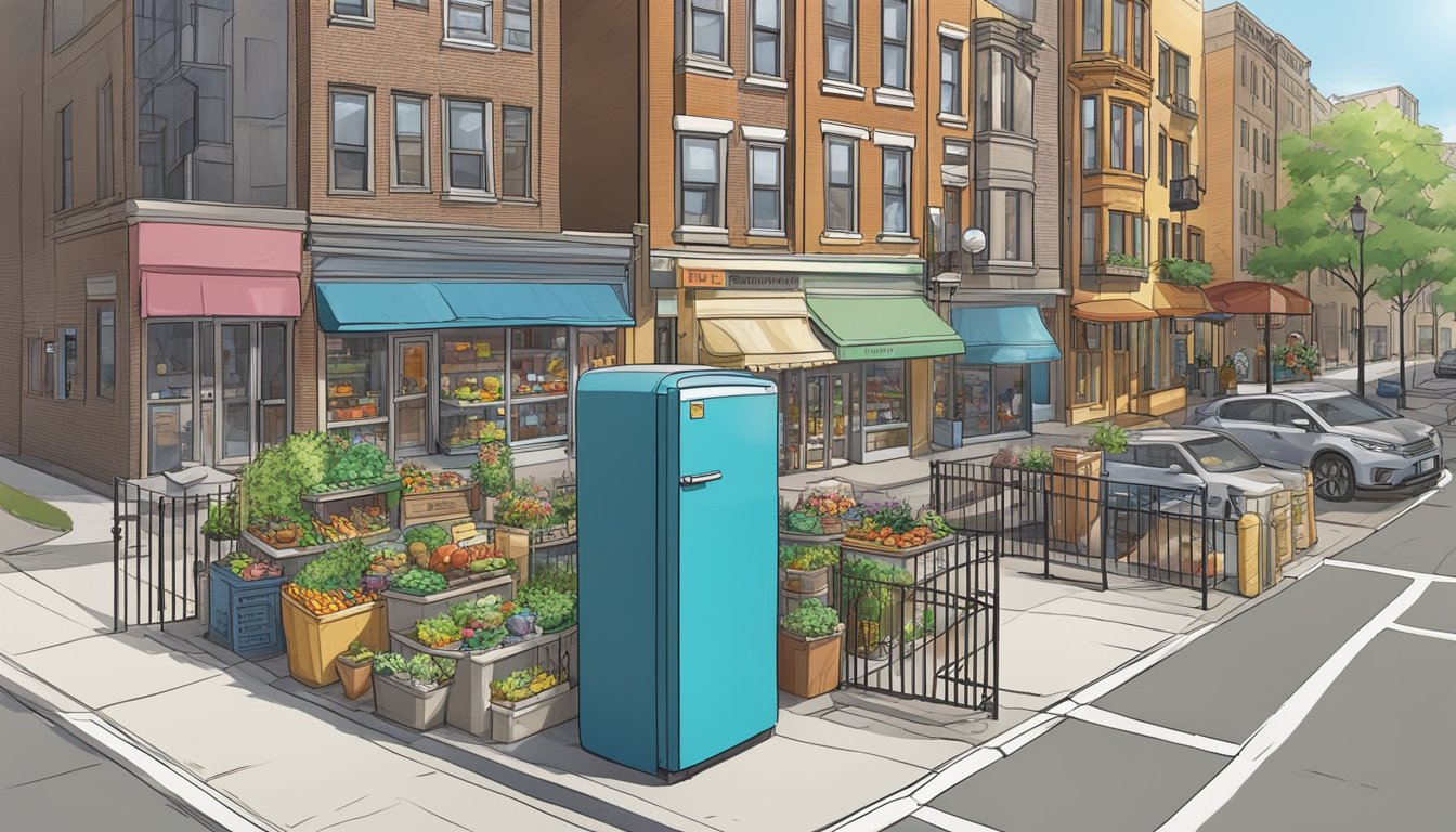 A brightly lit local community fridge surrounded by diverse buildings and bustling streets in Chicago, IL