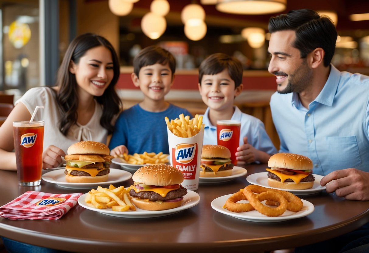 A&W Family Feast Package: A table set with burgers, fries, onion rings, and drinks. A family of four enjoys the meal together