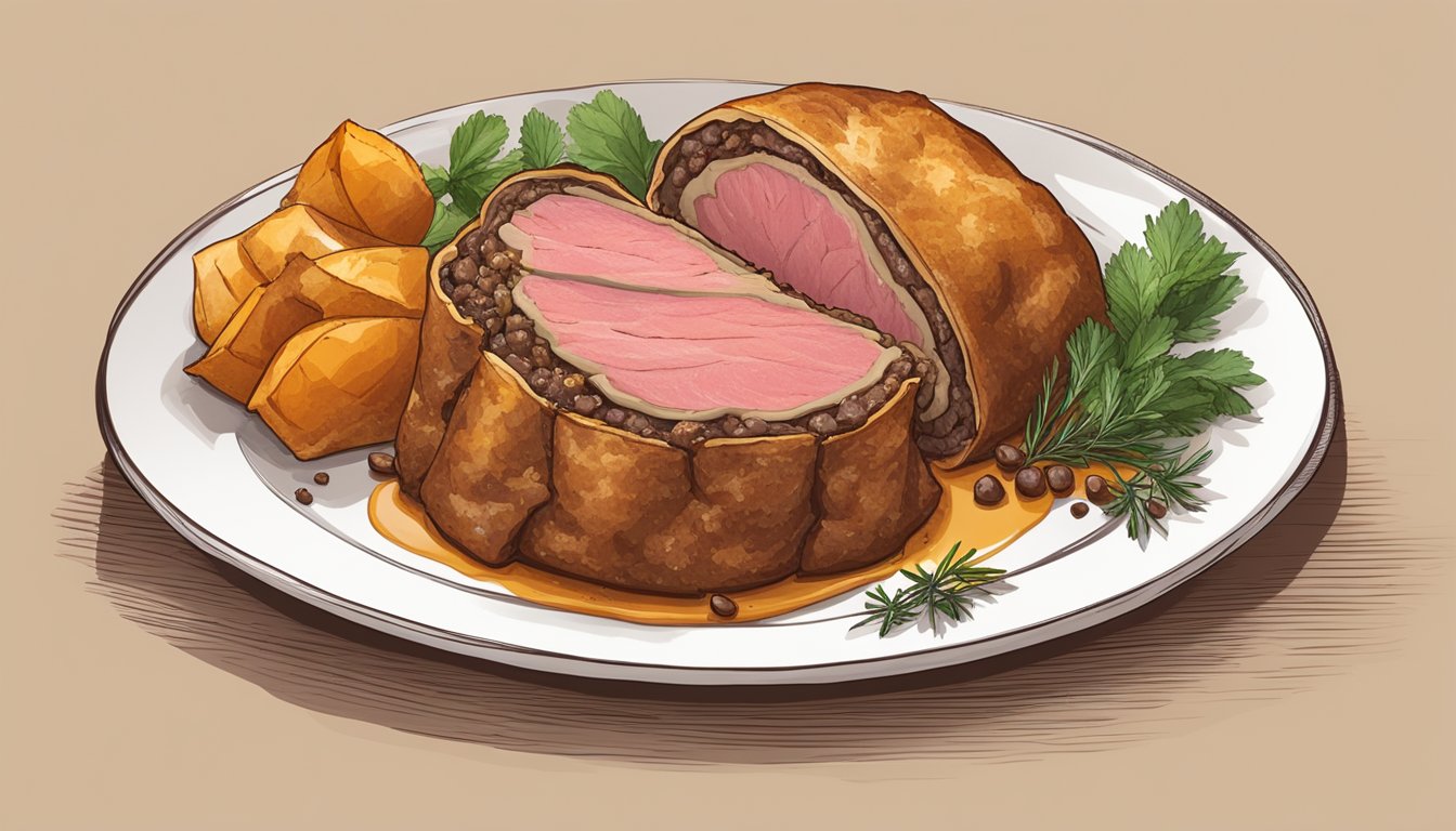 A plate of beef Wellington bites, surrounded by herbs and spices, with a golden brown crust and tender, juicy meat inside