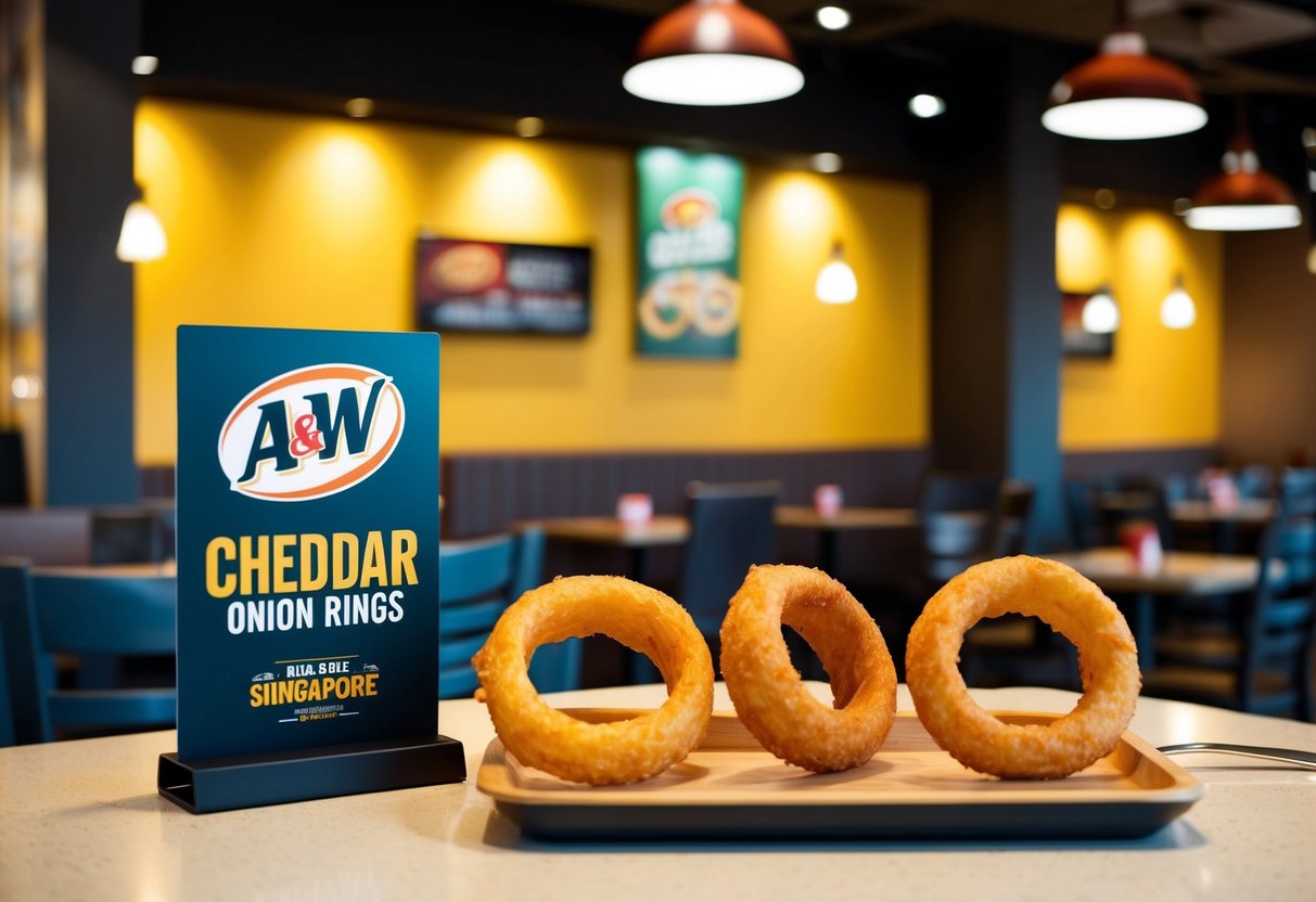 A&W Cheddar Onion Rings displayed with promotional signage in a Singapore restaurant