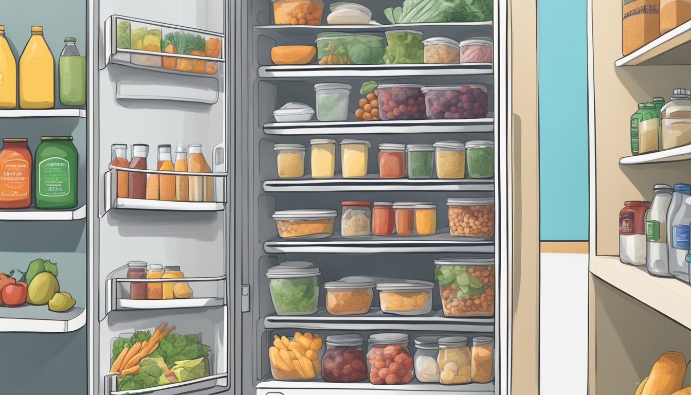 A hand reaching for the open door of a community fridge, filled with various food items and labeled with "Lafayette, LA Local Community Fridge Guide."