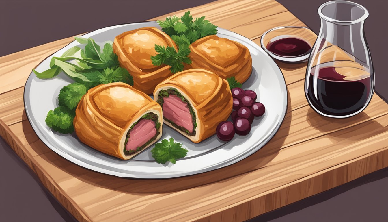 A platter of beef Wellington bites, garnished with herbs, sits on a polished wooden serving board. A glass of red wine and a small dish of dipping sauce accompany the dish