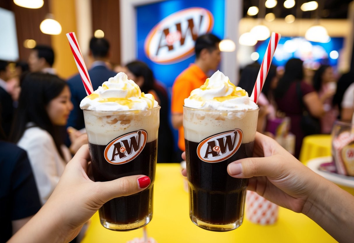 A&W Root Beer Floats being enjoyed at a bustling promotional event in Singapore