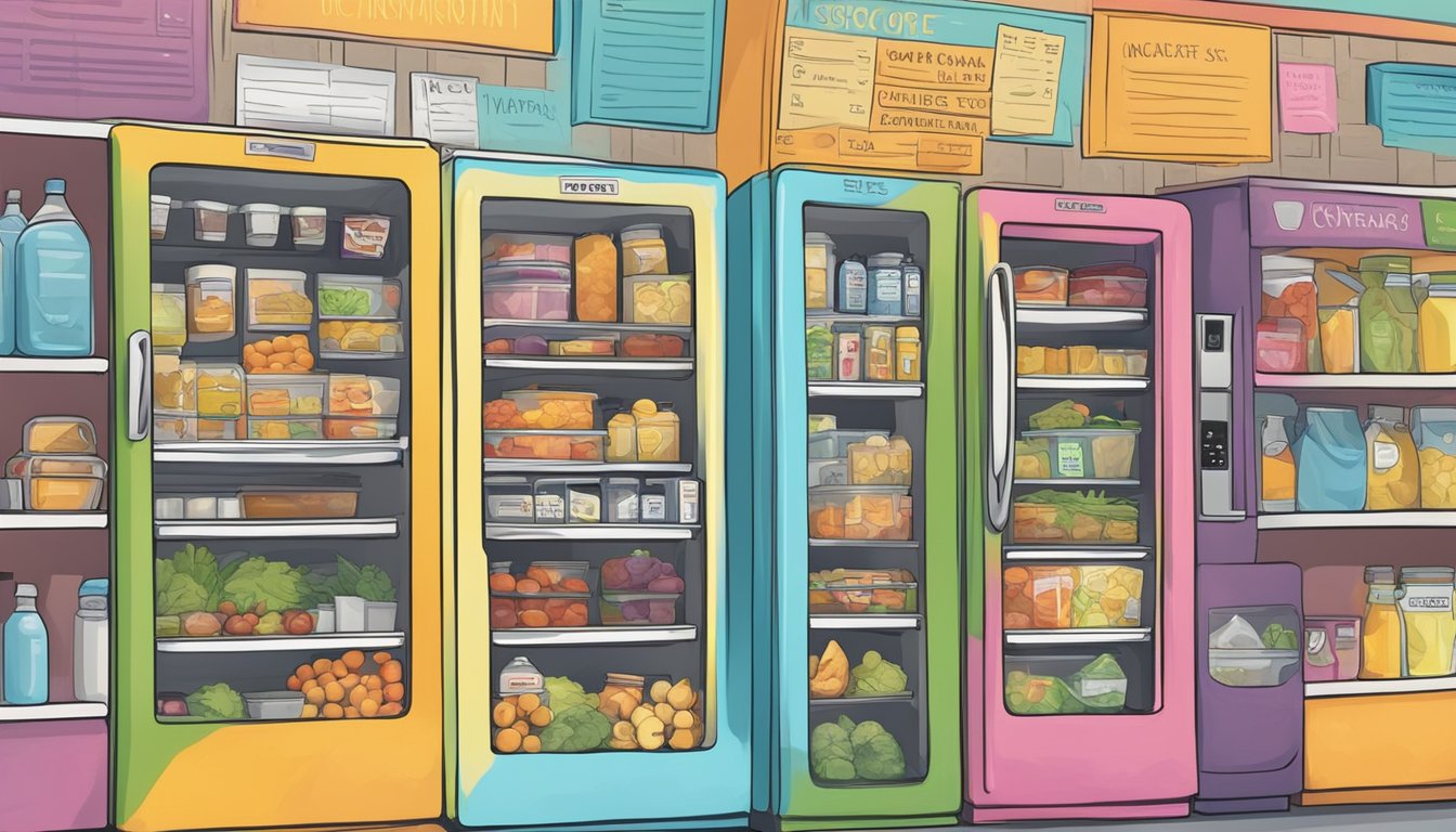 A colorful community fridge in Lafayette, LA with various food items and a sign indicating contact information and communication guidelines